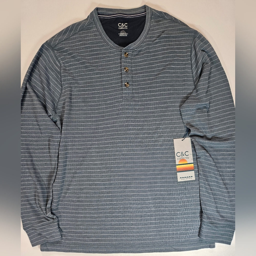 C&C California Shirt Mens XL Blue Striped‎ Henley Long Sleeve Casual Soft Blend